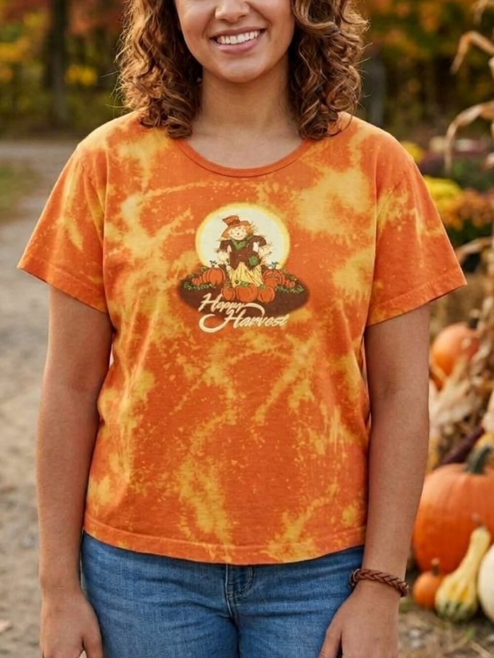 Custom Bleach Distressed Orange Tie-Dye 'Happy Harvest' Graphic Tee